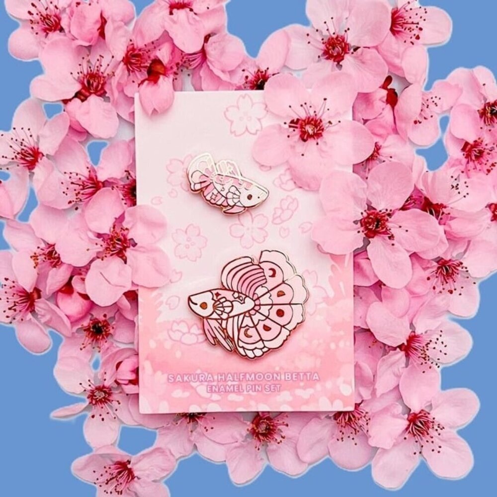 Betta Fish Enamel Pin Set - Sakura Halfmoon - Nature Jewelry -‎ Celestial Brooch